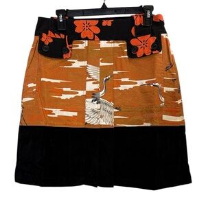 Custo Barcelona Orange and Black Japanese Crane Pleated Mini Skirt sz 32